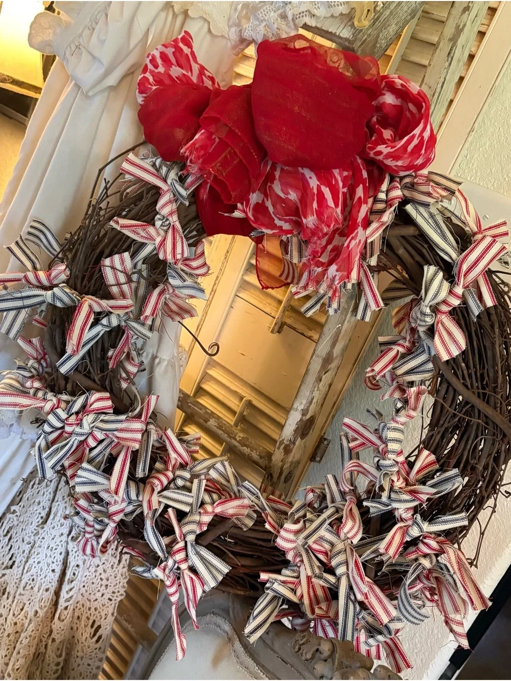 Handcrafted Red and Stripe Holiday Wreath - Home Holiday